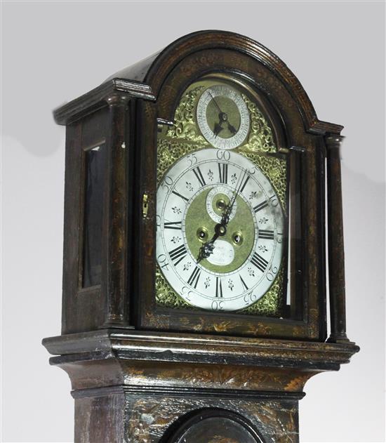 Francis Dorrell, London. An early 18th century green chinoiserie lacquered eight day longcase clock, 7ft 2in.